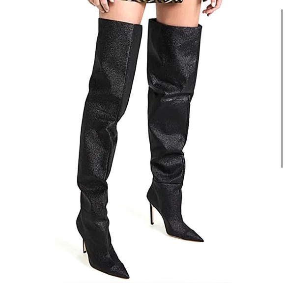 Good American Black Glitter Thigh High Over The Knee Boots Women Size 9 Heels - Picture 3 of 3